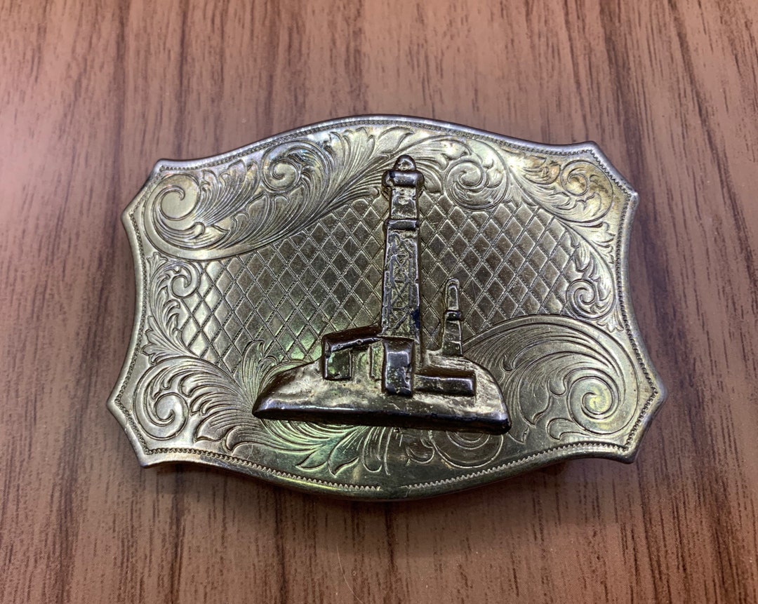 Vintage Solid Brass Oil Rig Belt Buckle, Ornate Oil Field Brass Buckle