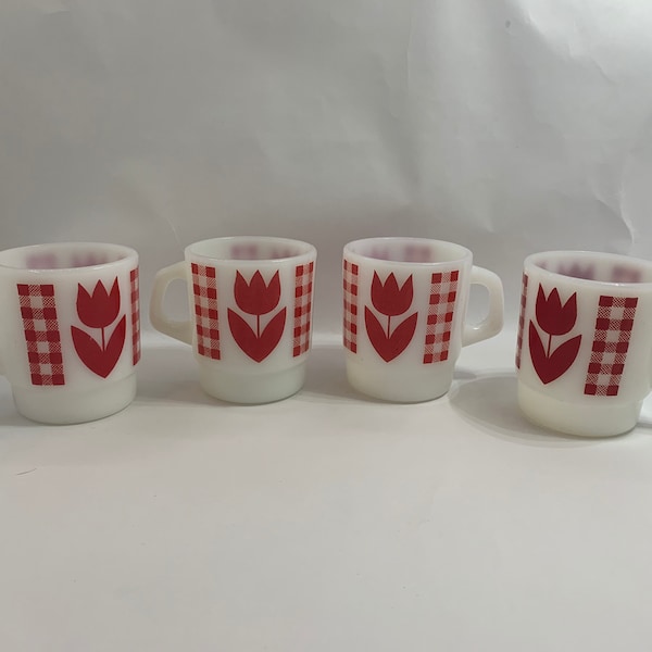 Termocrisa Milk Glass Red Tulip Mug Set of 4, Vintage Red Gingham Print Tulip Coffee Mug, Vintage Milk Glass Coffee Mug, Tulip Glass Mug Set