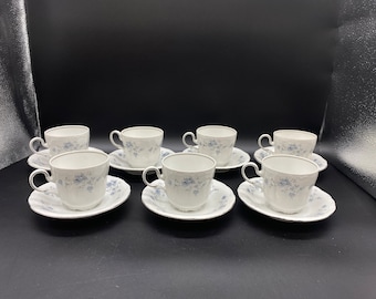 Johann Haviland Bavaria Germany Blue Garland Teacup & Saucer Set for 7 people, Vintage Bavaria Blue Flowers Garland 7 Teacup and Saucers Set