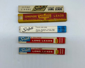 Vintage Scripto Long Leads For Mechanical Pencils, 4 Boxes Scripto Long Leads and 1 Box Semaphore Mirado Leads, Colored and Black Leads