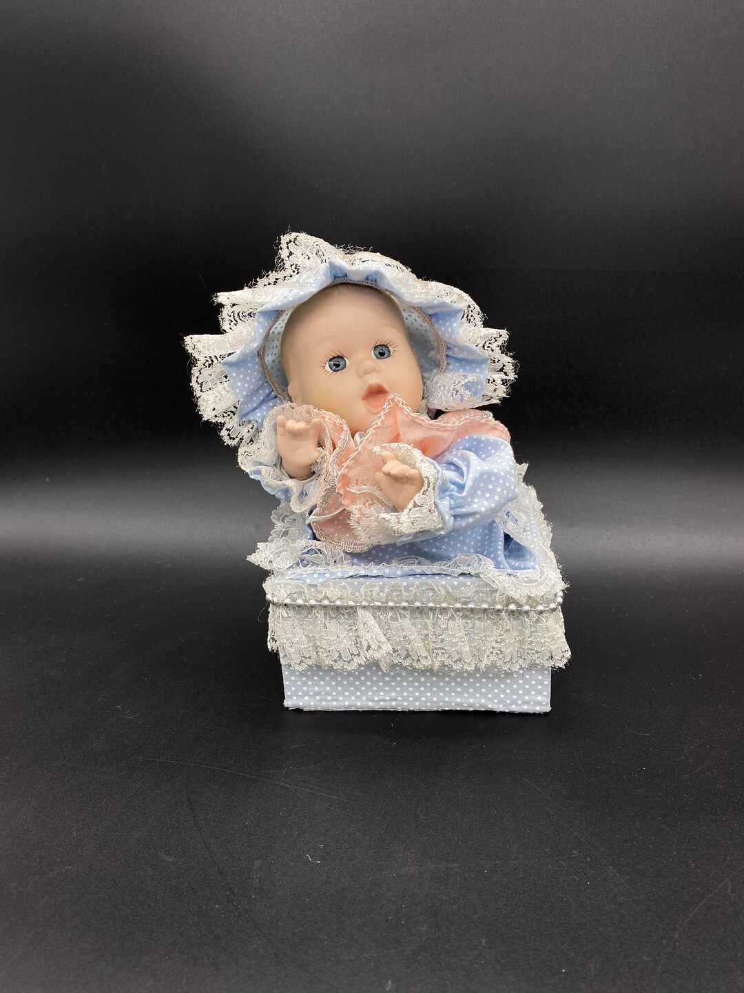 Vintage Baby Doll Animated Music Box, Wind up Musical Blue Eyed Baby