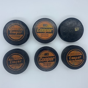 Vintage Cooper Pucks in Various Condition, Vintage Cooper Hockey Puck, Made in Czechoslovakia, 6 Cooper Official Hockey Pucks, Cooper Hockey