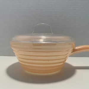 Vintage Peach Lustre Fire King Bowl with Handle and Lid, Beehive Patterned Individual Lidded Baker with Handle, Anchor Hocking, Fire King