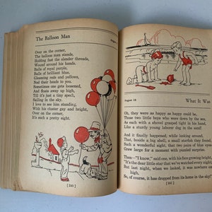 Puede incluir: Una ilustraci&oacute;n de un hombre vendiendo globos. El hombre lleva un sombrero y sostiene un ramo de globos rojos, amarillos y azules. El texto "The Balloon Man" est&aacute; en la parte superior de la p&aacute;gina. El texto "Over on the corner, The balloon man stands, Holding fast the slender threads, Wound around his hands. Balls of royal purple, Balls of brilliant blue, Gleaming reds and yellows, Nod their heads to you. Sometimes one gets loosened, And floats away up high, Till it's just a tiny speck, Sailing in the sky. I love to see him standing, With his cluster gay and bright, Over on the corner, It's such a pretty sight." est&aacute; debajo de la ilustraci&oacute;n.