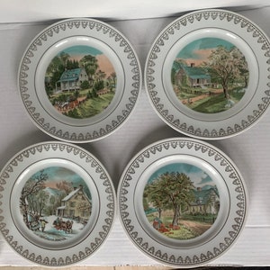 Vintage Currier & Ives Four Seasons Collector Plates, Spring, Summer, Fall, Winter Collector Plates, Gold Trim Currier and Ives Collection