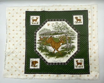 Vintage American Wildlife Pillow Panel, Cranston Print Works Fabric White tail Deer Pillow Panel, American Wildlife Brown Bear Pillow Panel