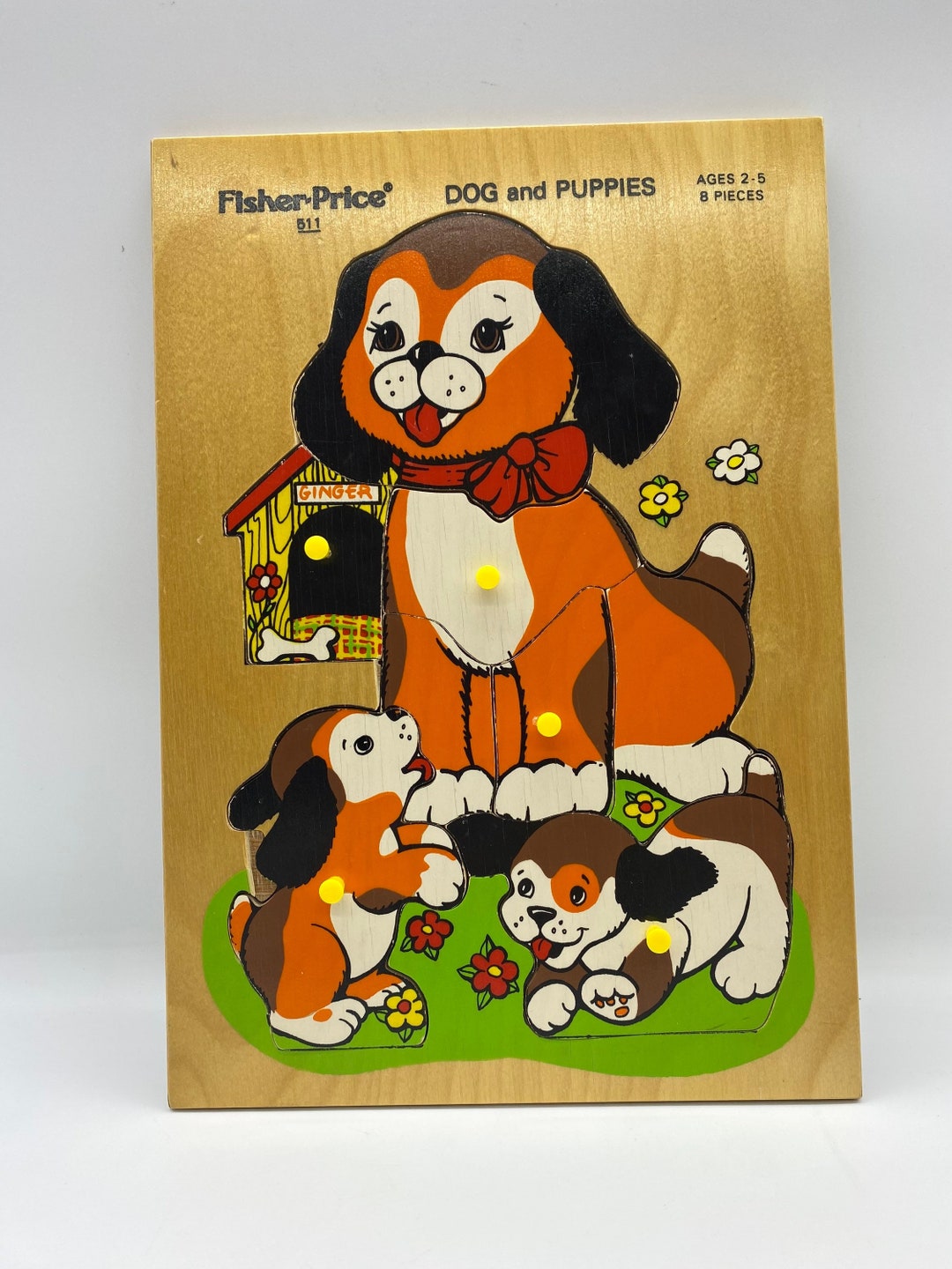 Vintage Fisher Price Dog and Puppies Wooden Puzzle, Dog and Puppies