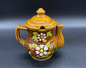 Vintage Teekanne Zuckerdose, Japan 4 1/2 ”Teekanne Zuckerdose mit Weißen Blumen, Keramik Teekanne Zuckerdose Braun mit Weißen Blumen, Zuckerdose