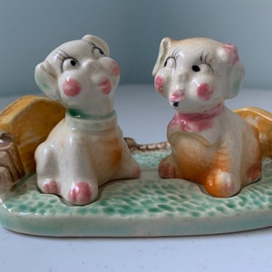 Vintage Dogs in Dog Bed Salt & Pepper Shakers, Dog Salt and Pepper Shaker, 3 Piece Salt Shaker Set, Anthropomorphic Dog Salt and Pepper, Dog