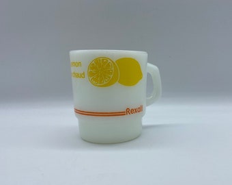 Vintage Fire King Rexall Hot Lemon Citron chaud Mug, Rx Fire King Hot Lemon Cup, Vtg Milk Glass Rexall Hot Lemon Fire King Mug, Lemon Mug