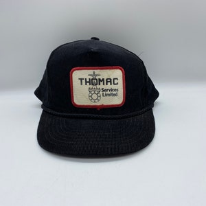 Vintage THOMAC Services Limited Black Corduroy  Trucker Hat, Vintage Corduroy Snap Back Trucker Hat, Snap Back Black Corduroy Trucker Hat
