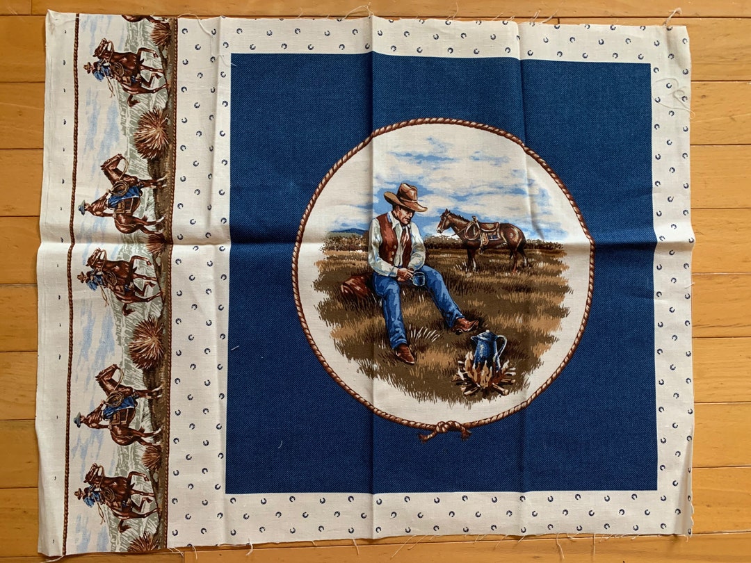 Vintage Cowboy Pillow Panel, Cranston Print Works Cowboy Coffee Break