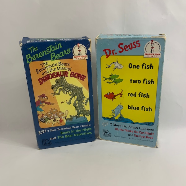 Vintage Dr. Seuss VHS Beginner Book Video, One Fish Two Fish Red Fish Blue Fish & The Berenstain Bears and the Missing Dinosaur Bone, Seuss