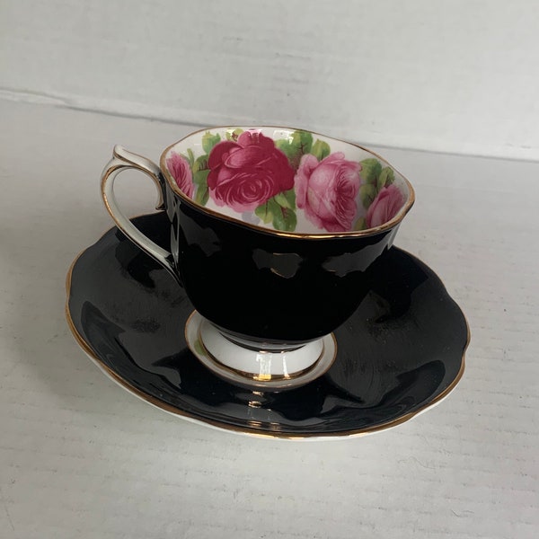 Vintage Royal Albert Black Old English Teacup & Saucer, Vintage Black With Pink Rose Ring Royal Albert Teacup and Saucer, Bone China England