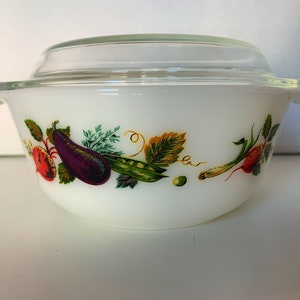 Vintage Pyrex England Casserole Dish with Lid, Vegetable Pattern Small Pyrex Casserole Dish, 6.5 inch Baker with Lid, Pyrex Tuscany Dish