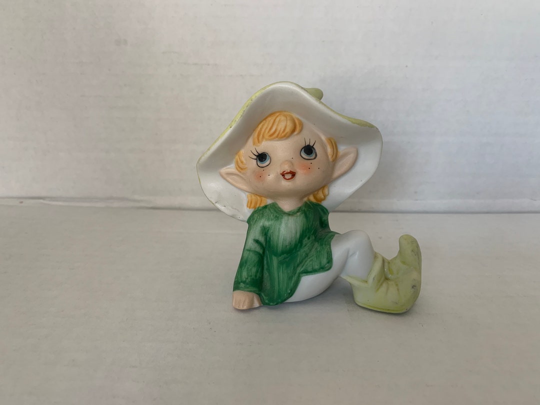 Vintage Ceramic Elf Wearing Green, Sitting Elf Figurine, HOMCO Ceramic