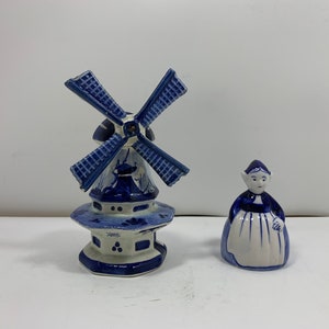 Vintage Delfts Blue Hand Painted Windmill and Dutch Lady, Ceramic Blue Windmill Figurine with Moving Windmill, Ceramic Lady, Delft Blue Lady