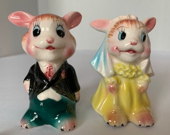 Collectible Vintage Bunnies Pink and Blue Flowers Salt And Pepper Shakers Korea