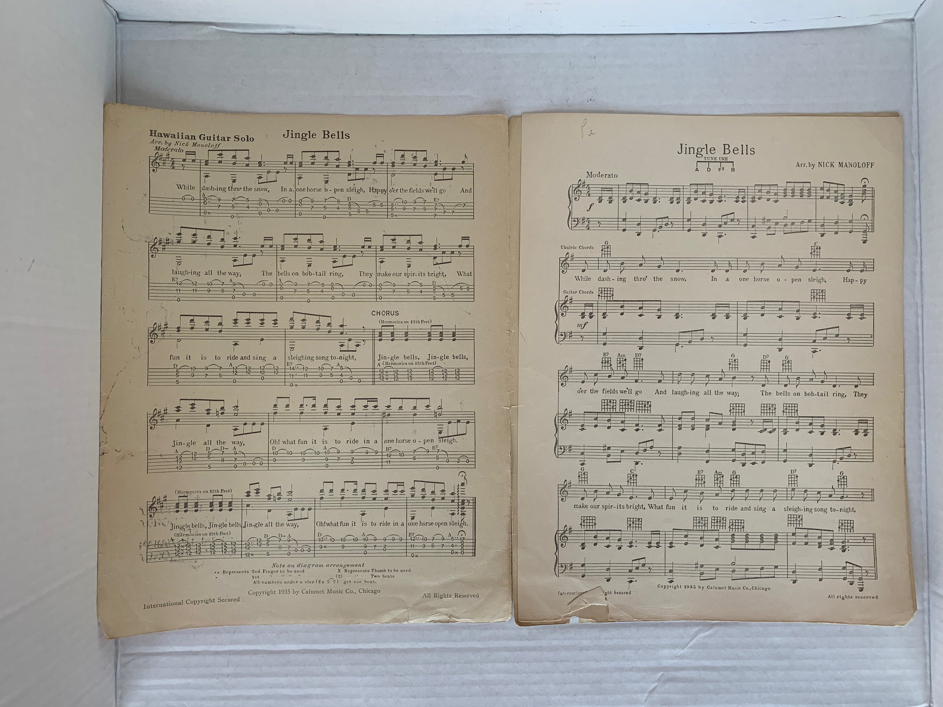 Vintage Jingle Bells Sheet Music for Guitar, Ukelele, Hawaiian Guitar