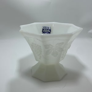 Anchor Hocking Milk White Footed Dish, Milk Glass Grapes and Leaves Footed 6” Dish, Vintage Footed Candy Dish, Original Sticker, Fire King
