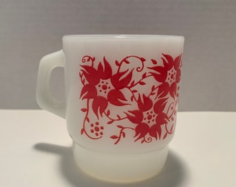 Fire King koffiemok rode bloem ontwerp, koffiekop rode bloem koffiemok Anchor Hocking rode bloem, melkglas rood bloemenpatroon ontwerp 51, vintage mok Fire King