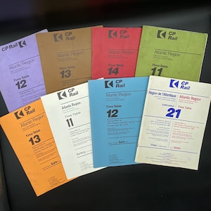 Lot of 8 CP Rail Atlantic Region Timetables 1969 - 1980, Vintage CP Rail Atlantic Region Timetables 1969 - 1980, Large Lot CP Rail Timetable