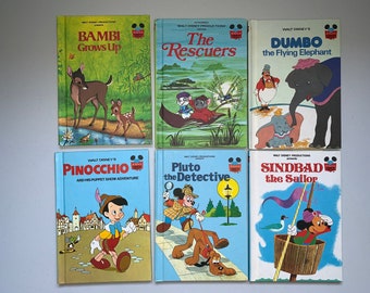 Walt Disney Collection of 6 Books, 70’s-80’s Walt Disney Books, 6 Disney Books, Pinocchio, Dumbo, The Rescuers, Vintage Disney Books, Disney