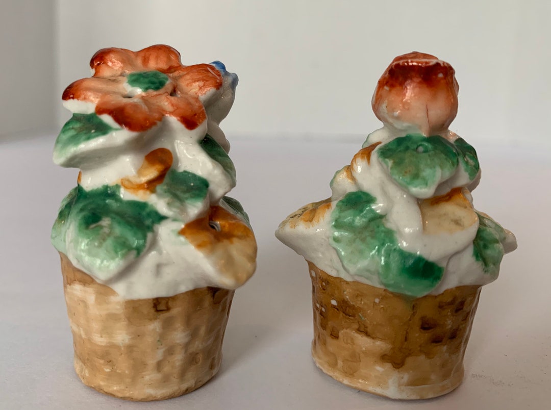 Vintage Flower Pot Salt & Pepper Shaker, Japan Red and Blue Flower