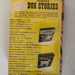 May include: A yellow and orange book cover with the title "Famous Dog Stories". The cover features illustrations of dogs from different stories, including "Lassie Come Home" and "Silver Chief, Dog of the North".