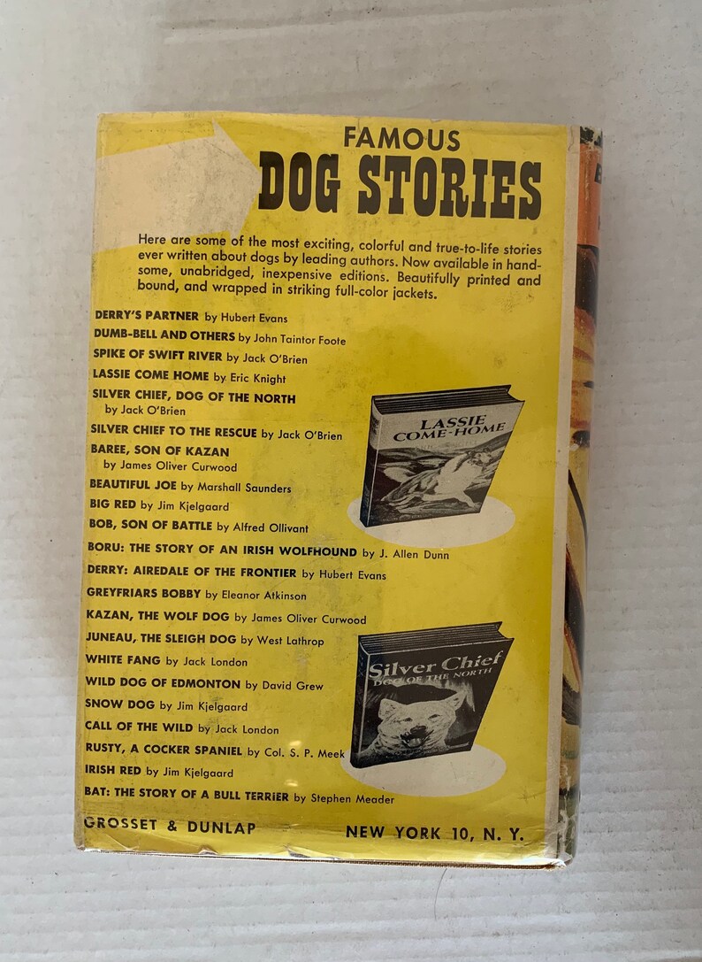 May include: A yellow and orange book cover with the title "Famous Dog Stories". The cover features illustrations of dogs from different stories, including "Lassie Come Home" and "Silver Chief, Dog of the North".