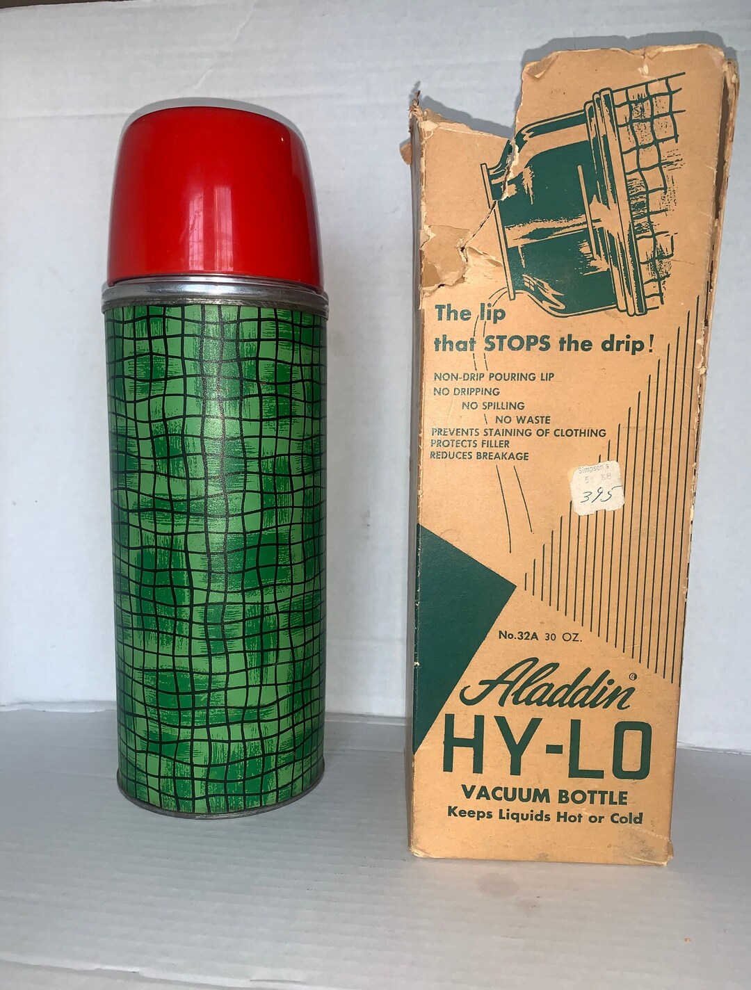 Vintage Aladdin HYLO Vacuum Bottle No. 32a, 40 Oz. Hylo Thermos, Aladdin Sweet Seal Stopper, 3