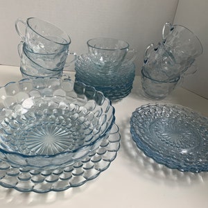 Vintage Blue Bubble Glass 23 Piece Dish Set, Vintage Blue Glass, Blue Bubble Glass Cups & Saucers, Bread Plates, Dinner Plate, Serving Bowl