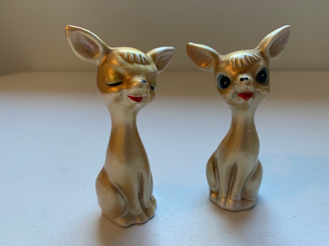 Vintage Golden Eyelash Deer Salt & Pepper Shakers, Rare Japanese Iridescent Deer Salt and Pepper