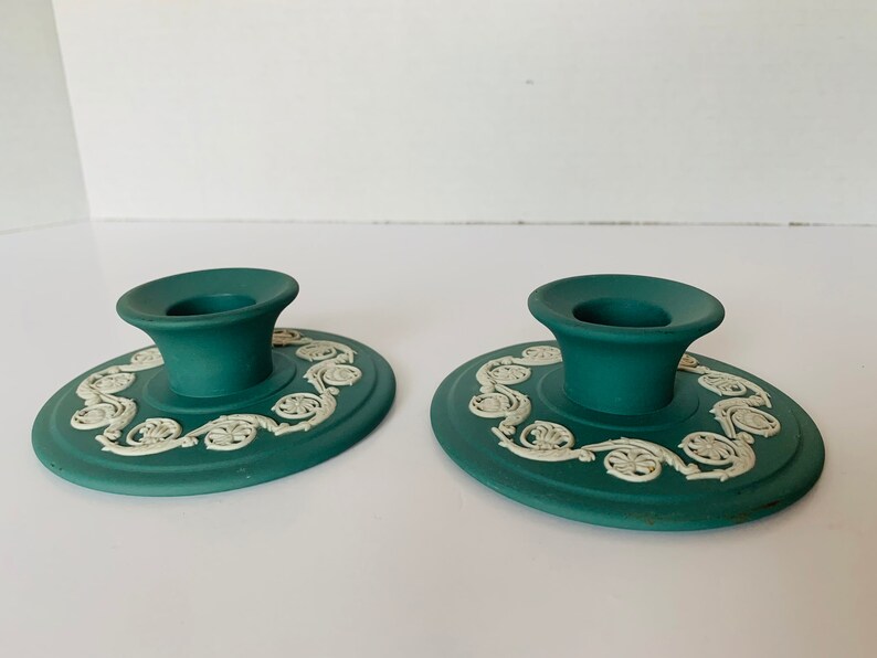Vintage Green Wedgwood Candlestick Holders Green Jasperware Etsy