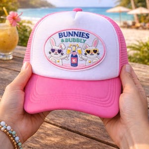 Our Bunnies & Bubbly embroidered patch is made for the girls who love a little sparkle with their springtime fun, iron on, brunch, pool days