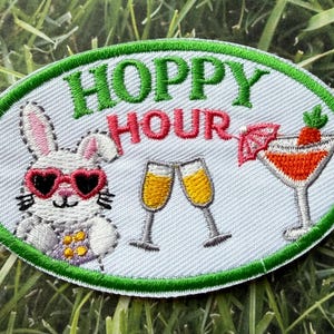 Hoppy Hour embroidered patch! This playful design features a cool bunny in heart sunglasses with bubbly champagne and a festive cocktail