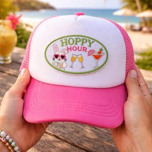 Hoppy Hour embroidered patch! This playful design features a cool bunny in heart sunglasses with bubbly champagne and a festive cocktail