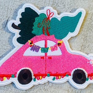 Pink Car with Tree Iron On Hat Patch, Trucker Hat Patches, Clothing, bags, Iron Ons, Embroidery, Fun, Hat Parties, Cute