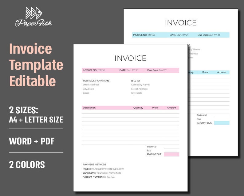 Printable Invoice Template Business Invoice WORD and PDF - Etsy