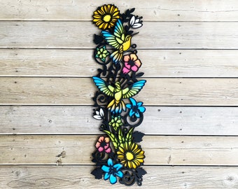 Hummingbird and Flowers Wooden Wall Art: Vibrant Porch Decor