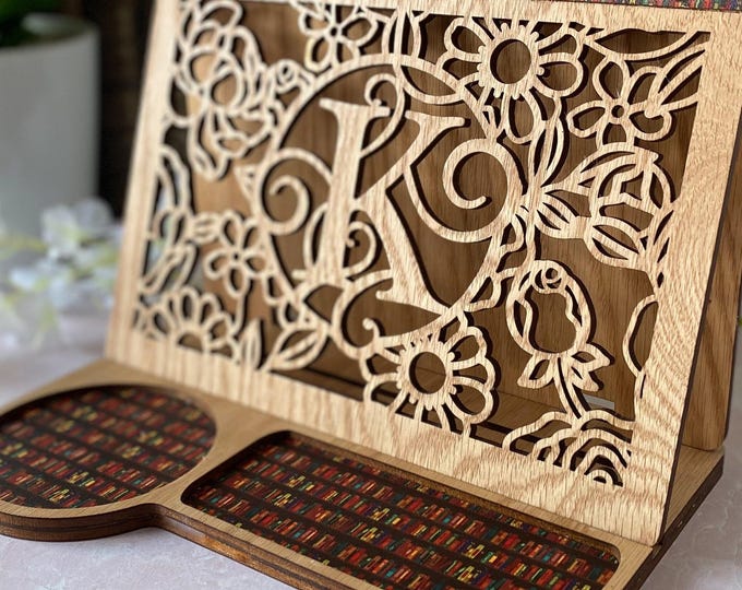 Personalized Book Valet with Floral Monogram, Wood and Leather Reading Stand