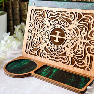 Monogrammed wooden book valet with cup and glasses holder - Unique gift for book lovers with free personalisation. - initial and engraving!