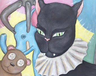 pigeon painting cat lady gifts cat print colorful painting surrealism art cat art wall decor Black cat painting print on canvas