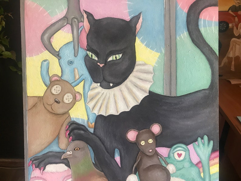 pigeon painting cat lady gifts cat print colorful painting surrealism art cat art wall decor Black cat painting print on canvas