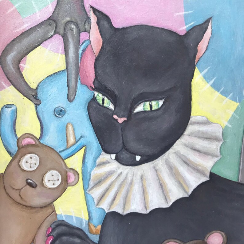 pigeon painting cat lady gifts cat print colorful painting surrealism art cat art wall decor Black cat painting print on canvas