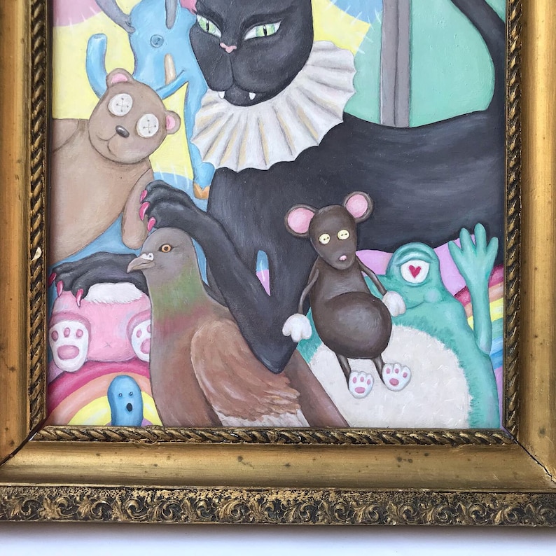 pigeon painting cat lady gifts cat print colorful painting surrealism art cat art wall decor Black cat painting print on canvas