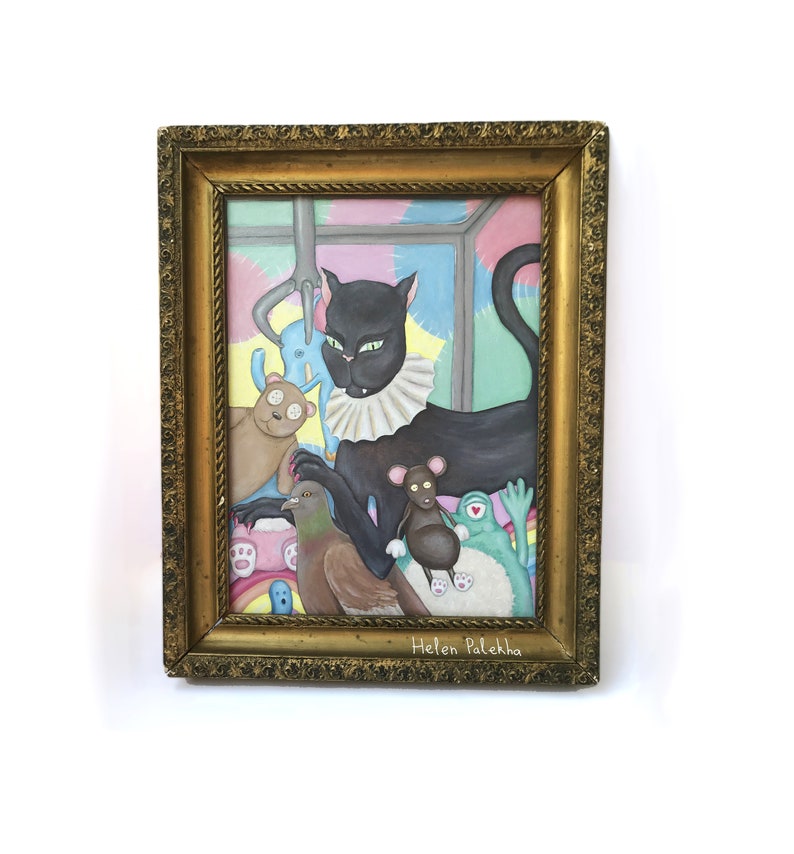 pigeon painting cat lady gifts cat print colorful painting surrealism art cat art wall decor Black cat painting print on canvas