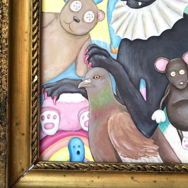 pigeon painting cat lady gifts cat print colorful painting surrealism art cat art wall decor Black cat painting print on canvas