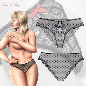 May include: Black lace bikini cut panty with a polka dot pattern. The panty has a bow on the front and a delicate lace trim.