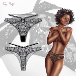 May include: Black lace thong panty with a bow detail and a criss-cross strap design. "Thong Panty" is written in pink text at the top of the image.